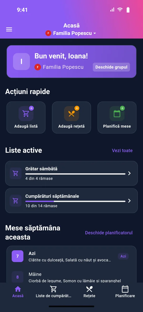 Ecranul principal FoodLister: acțiuni rapide, liste active și mesele din săptămâna aceasta