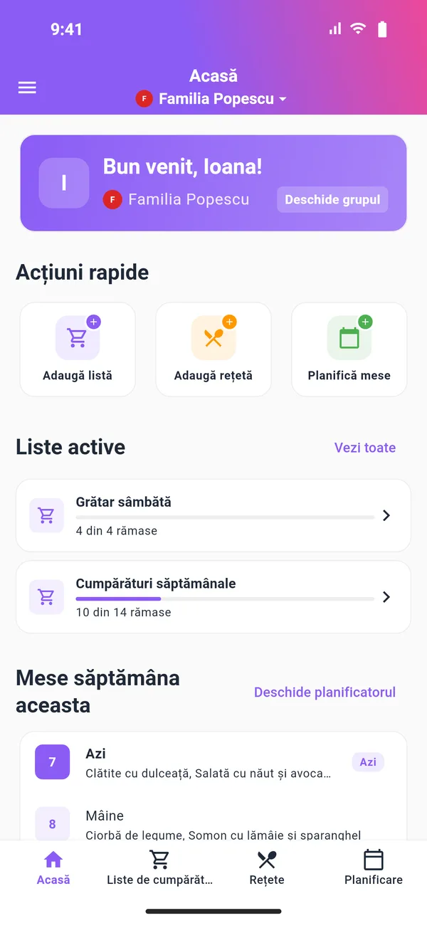 Ecranul principal FoodLister: acțiuni rapide, liste active și mesele din săptămâna aceasta