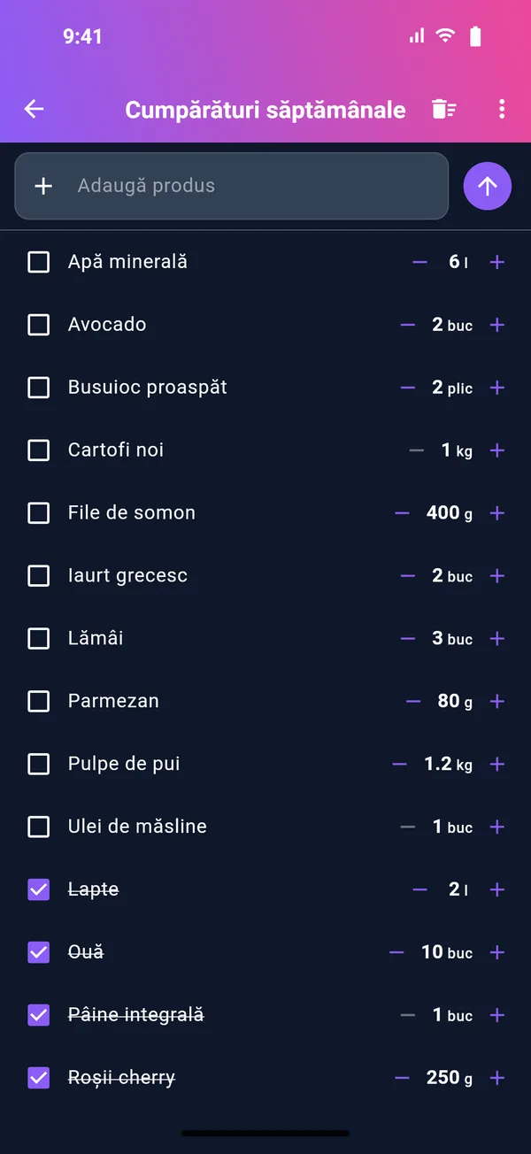 Ecran liste cumpărături