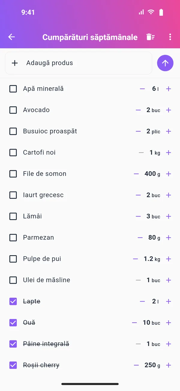 Ecran liste cumpărături