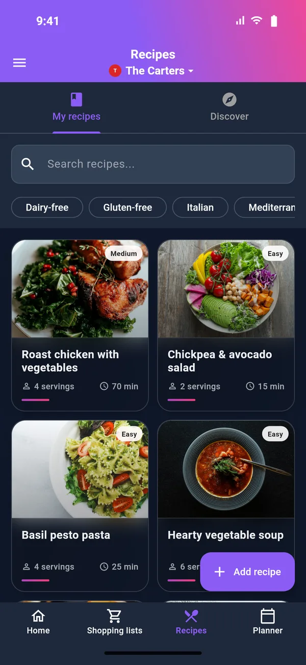 Ansicht der Rezepte
